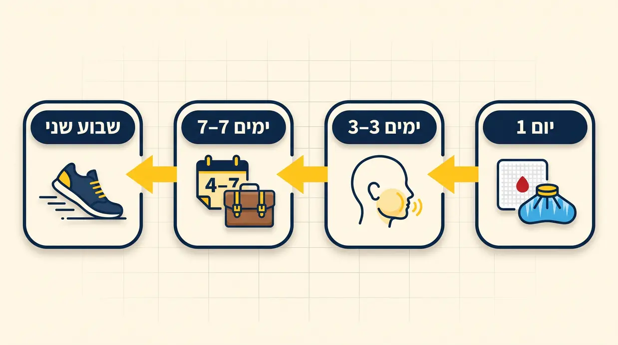 אינפוגרפיקה בעברית המציגה ציר זמן של 14 ימים להחלמה אחרי עקירת שן בינה כירורגית