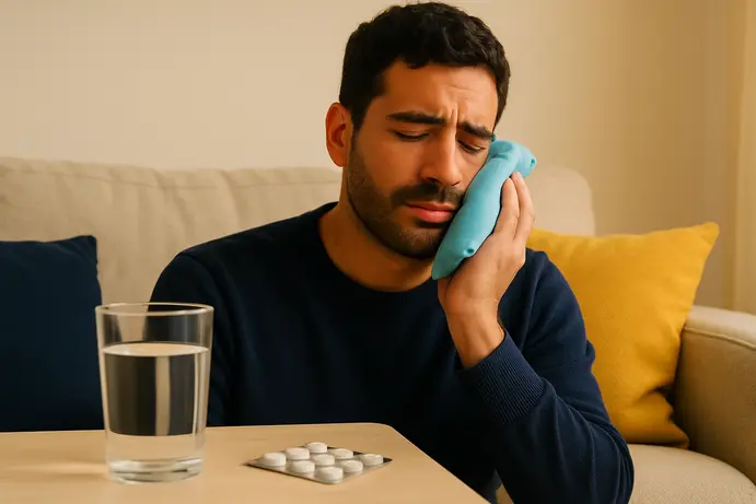 אדם מניח קומפרס קר על הלחי ומחזיק כוס מים ליד משכך כאבים על שולחן, להקלה על כאב שן בינה בבית
