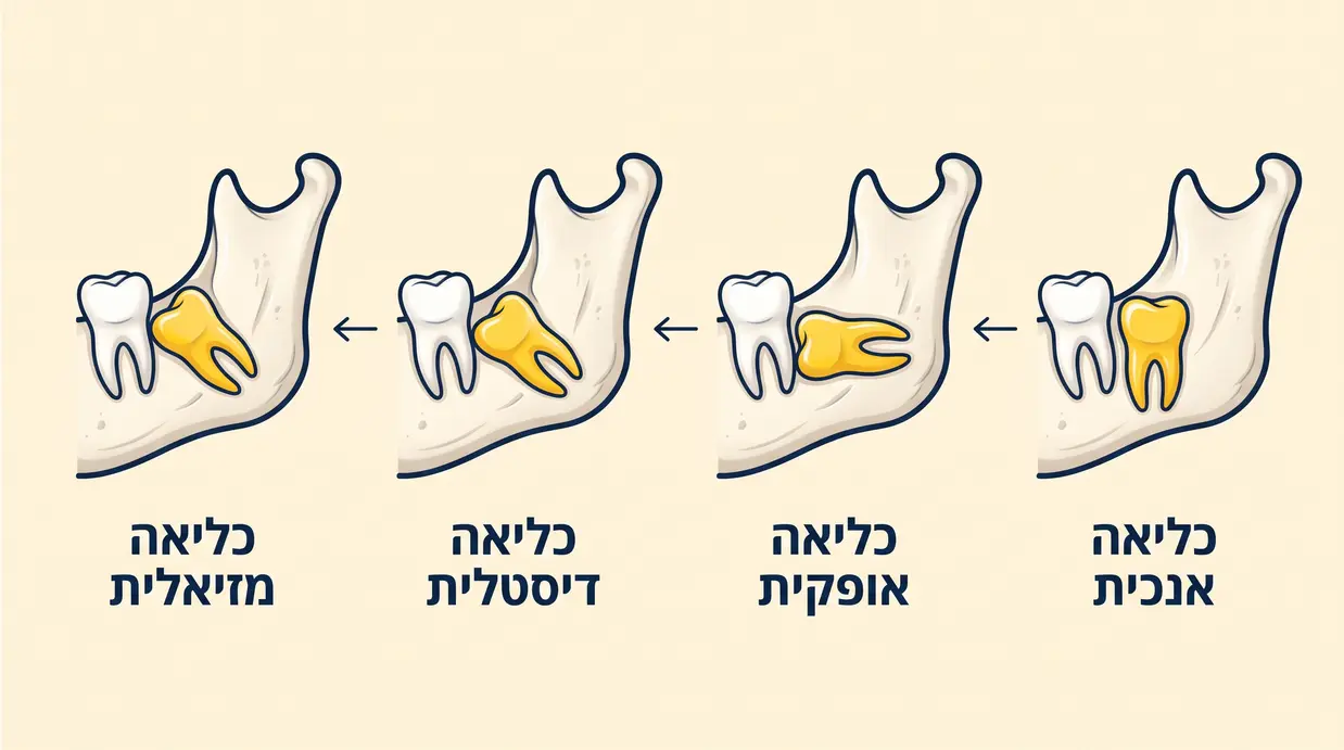 איור רפואי של סוגי כליאה שונים של שן בינה בלסת