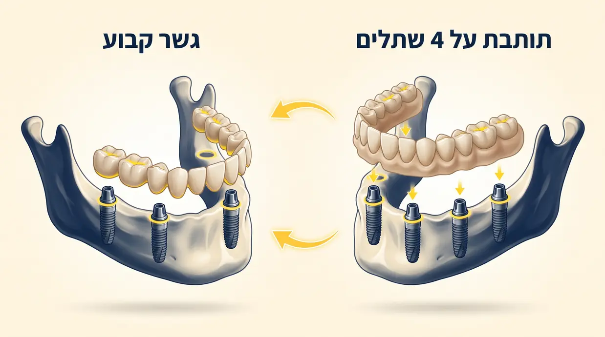 השוואה גרפית בין תותבת על 4 שתלים לבין גשר קבוע