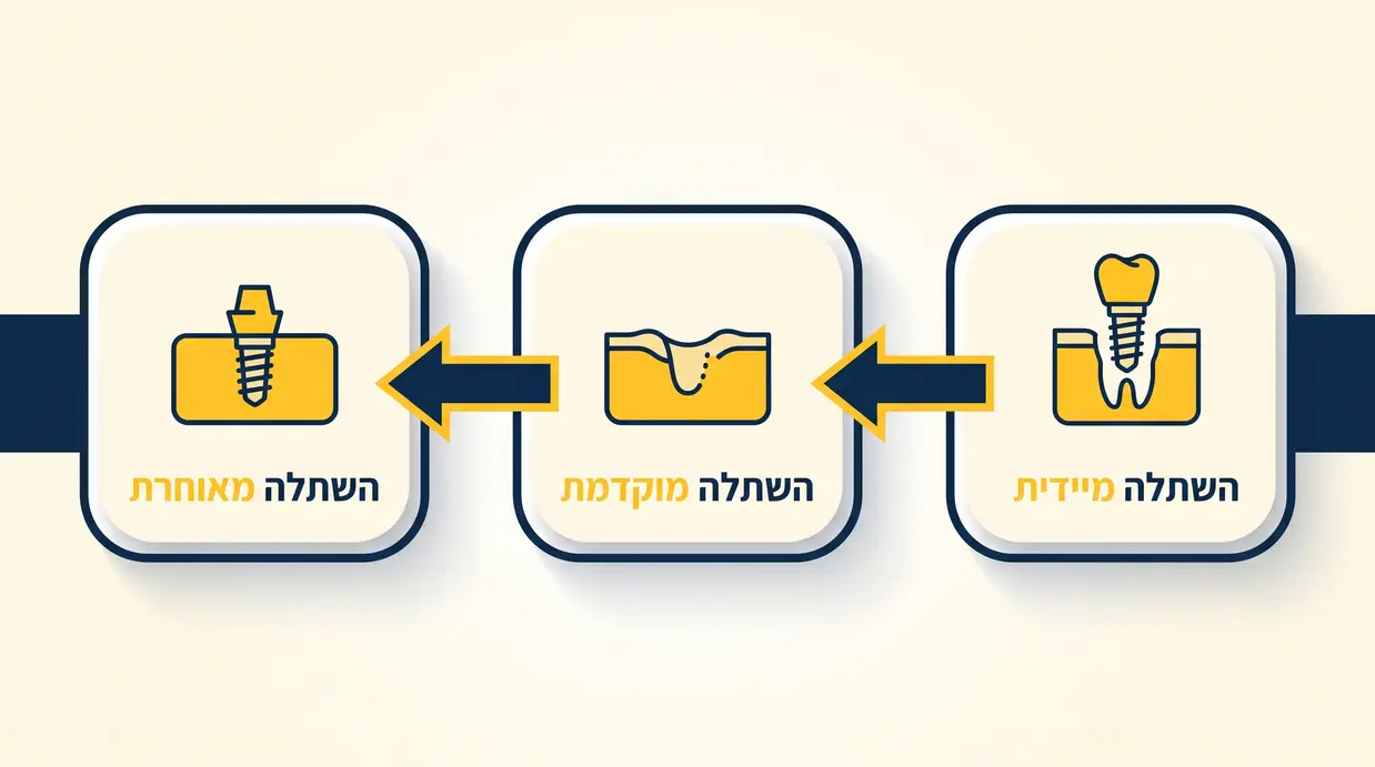 אינפוגרפיקה בעברית המציגה ציר זמן של השתלה מיידית, מוקדמת ומאוחרת לאחר עקירת שן