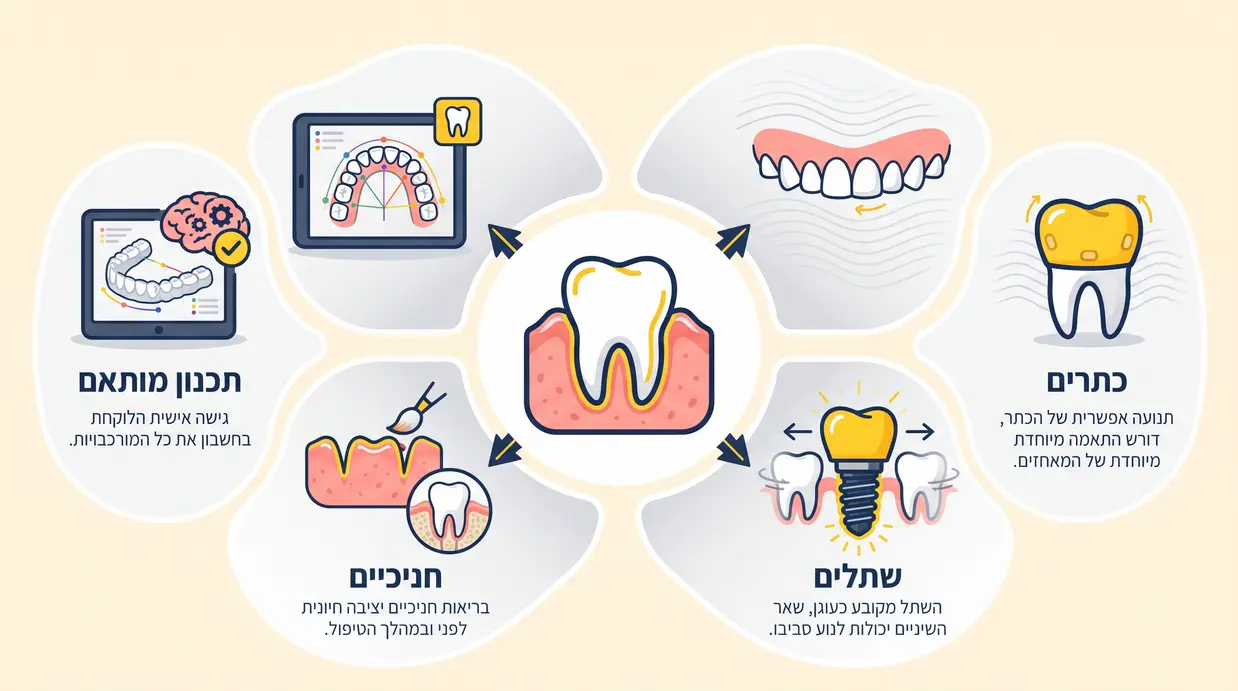 אינפוגרפיקה בעברית המסבירה את ההתייחסות לכתרים, שתלים ובעיות חניכיים בתכנון יישור שקוף למבוגרים