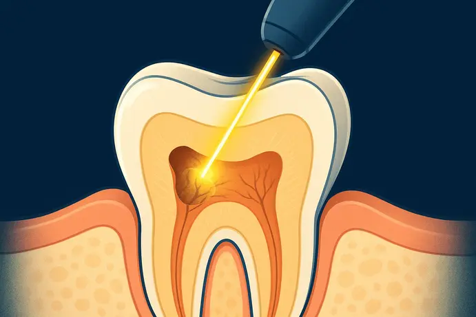 אילוסטרציה של קרן לייזר עדינה הפועלת במדויק על אזור עששת בשן