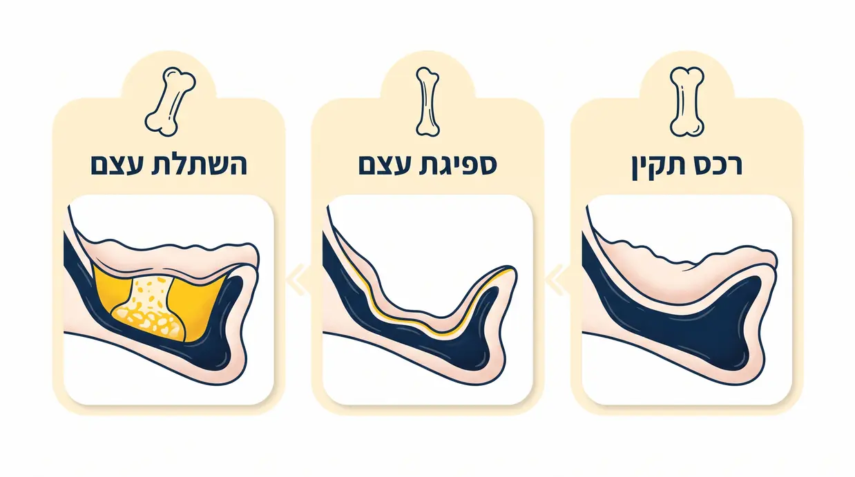 איור רפואי המשווה בין רכס לסת תקין, רכס עם ספיגת עצם ולאחר השתלת עצם