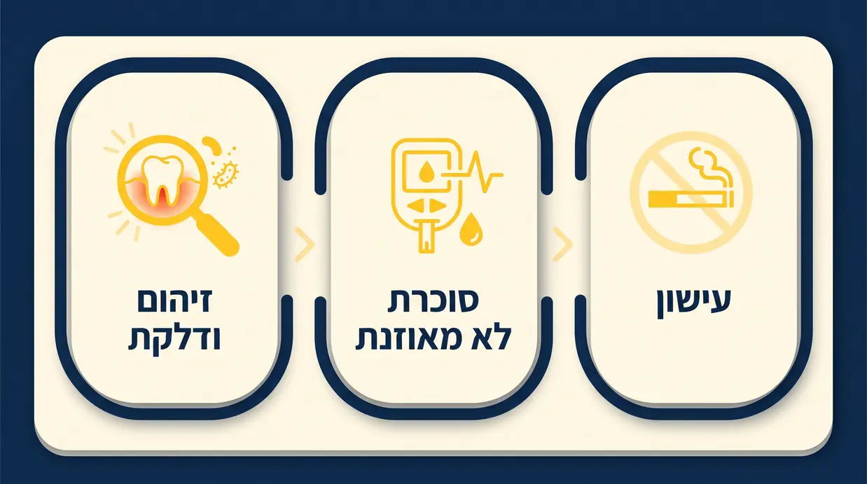 אינפוגרפיקה רפואית בעברית המציגה אייקונים של עישון, סוכרת וזיהום כחלק מגורמי סיכון להשתלת שיניים