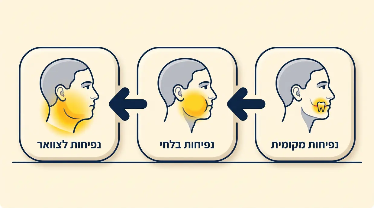 תרשים זרימה חזותי שמראה מעבר מנפיחות מקומית בחניכיים לנפיחות בלחי ולנפיחות מסוכנת לכיוון הצוואר