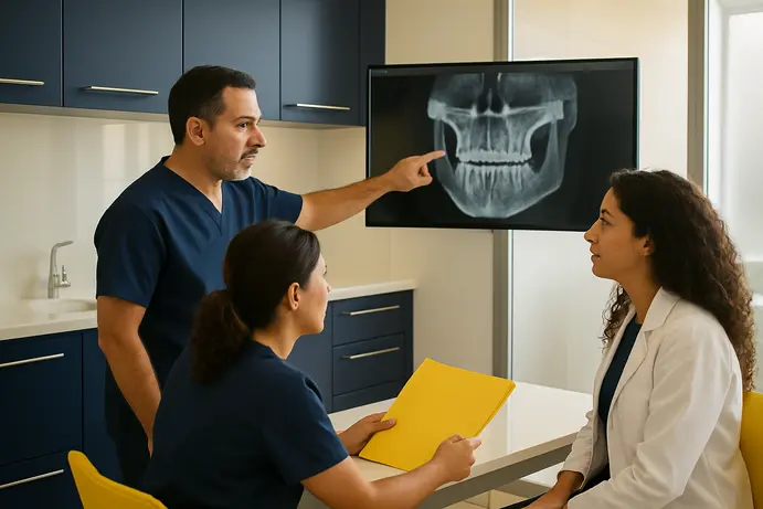 צוות רפואי דן יחד בצילום CT של מטופל במרפאה מודרנית