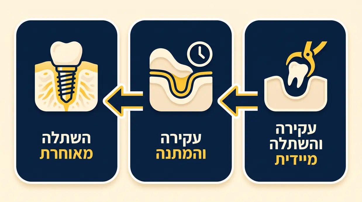 אינפוגרפיקה בעברית המציגה ציר זמן של עקירה עם השתלה מיידית לעומת עקירה, המתנה והשתלה מאוחרת