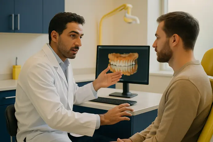 רופא שיניים מסביר למטופל על תוכנית טיפול דיגיטלית