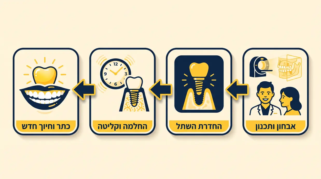 אינפוגרפיקה בעברית המתארת את שלבי תהליך השתלת השיניים מהאבחון ועד הכתר הסופי
