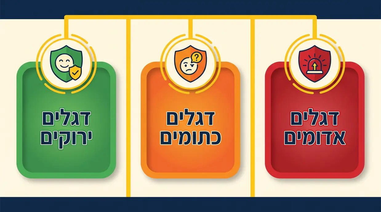 אינפוגרפיקה בסגנון רמזור המציגה דגלים אדומים, כתומים וירוקים לכאב בשן בינה