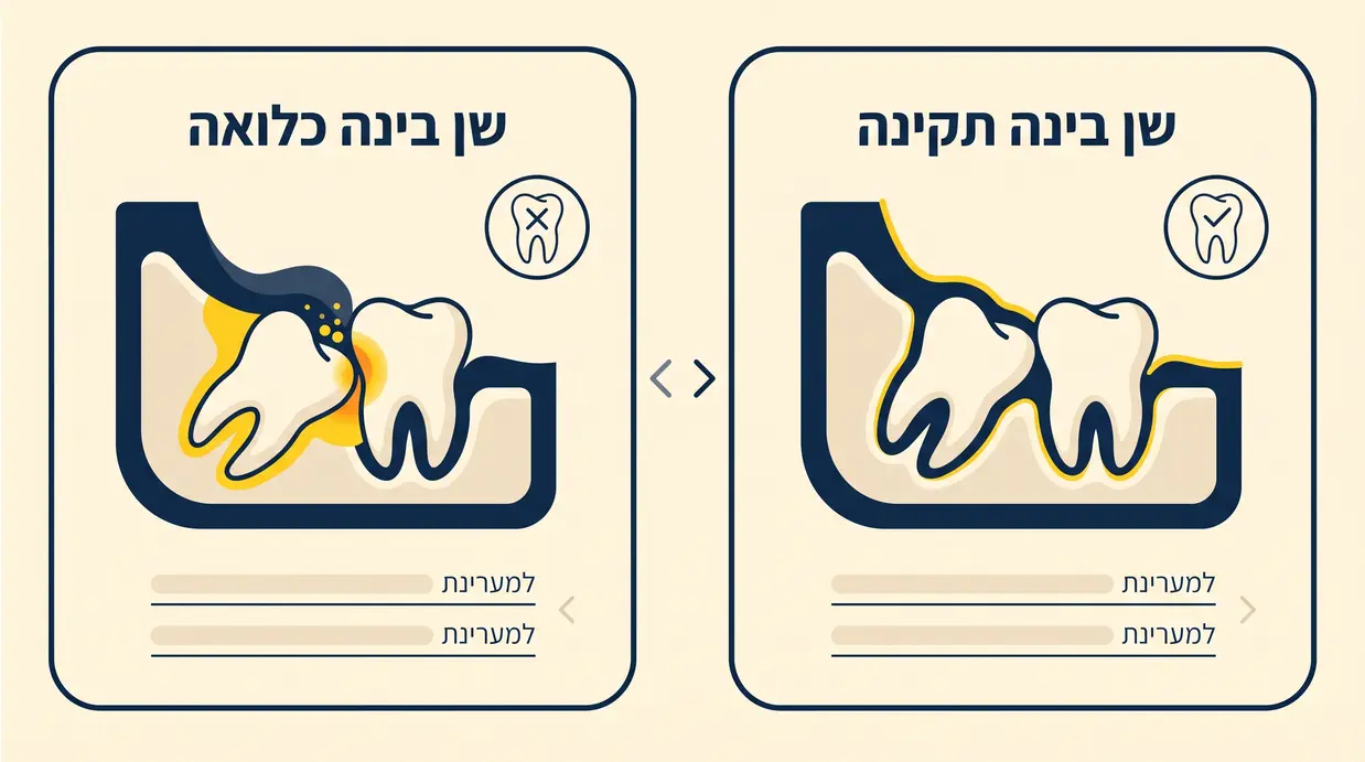 איור רפואי המשווה בין שן בינה תקינה שבקעה ישר לבין שן בינה כלואה הלוחצת על השן הסמוכה