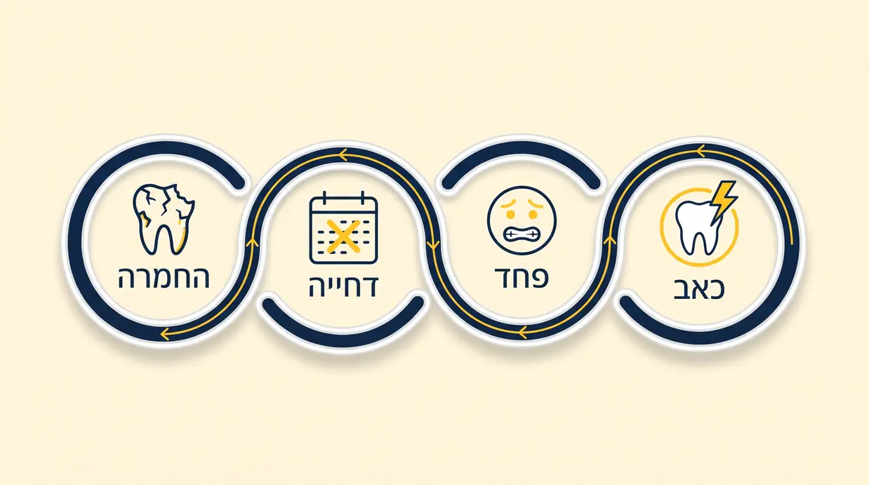תרשים מעגלי בעברית שממחיש את מעגל ההימנעות מטיפול שיניים מכאב ועד להחמרה
