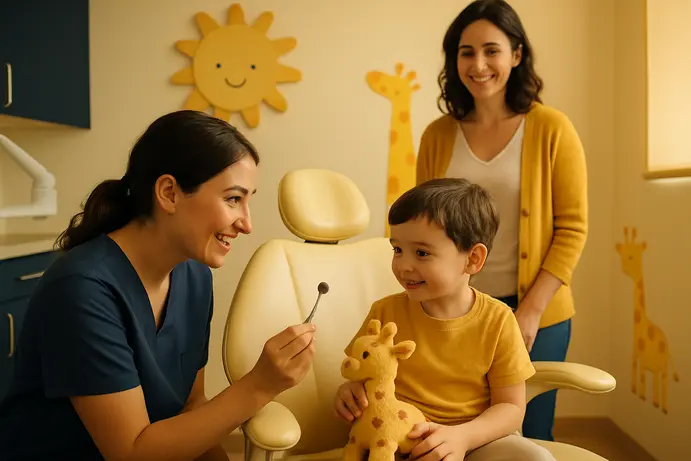 רופא שיניים מסביר לילד קטן על מכשיר בצורה משחקית בעוד ההורה מחייך ברקע