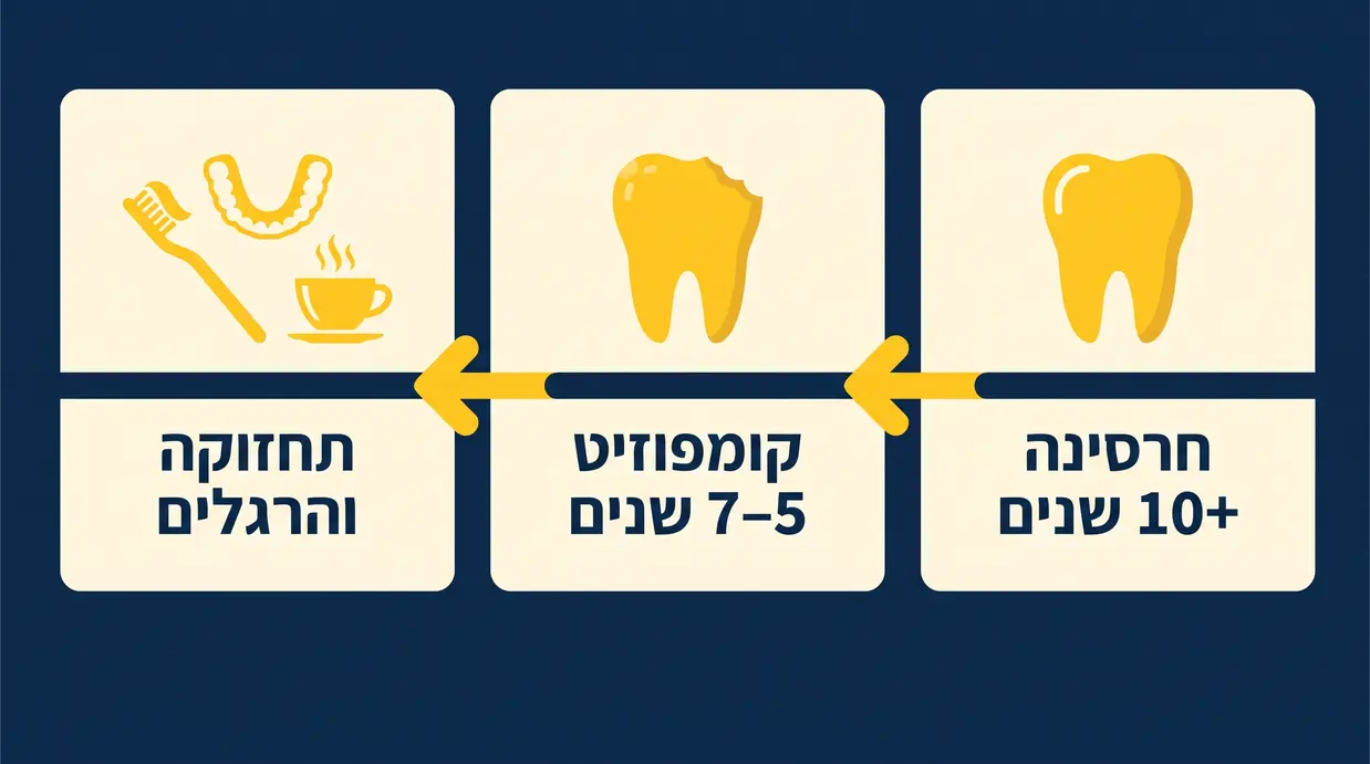 אינפוגרפיקה בעברית המשווה את משך העמידות של ציפויי חרסינה לעומת קומפוזיט לאורך שנים