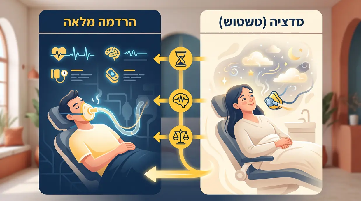 אינפוגרפיקה בעברית המשווה בין סדציה לבין הרדמה מלאה בטיפול שיניים