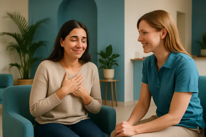מטופלת מחייכת בהקלה לאחר שיחה מרגיעה עם צוות מרפאת שיניים