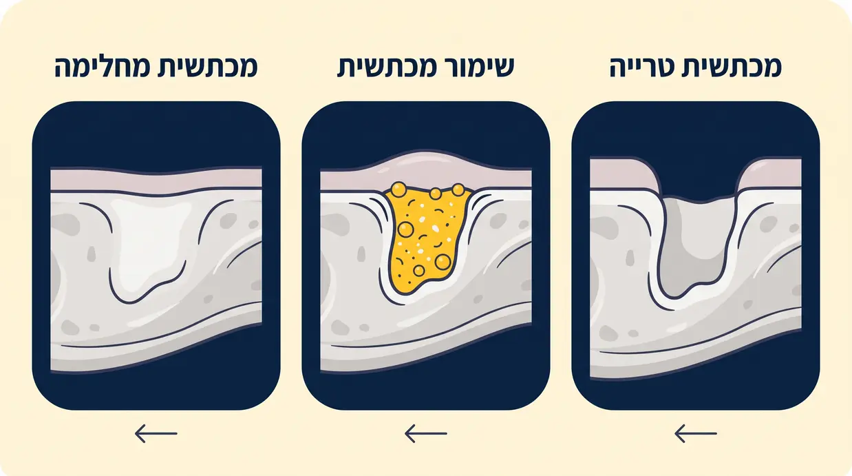 אינפוגרפיקה בעברית המשווה בין מכתשית טרייה לאחר עקירה, שימור מכתשית ומכתשית מחלימה המוכנה לשתל
