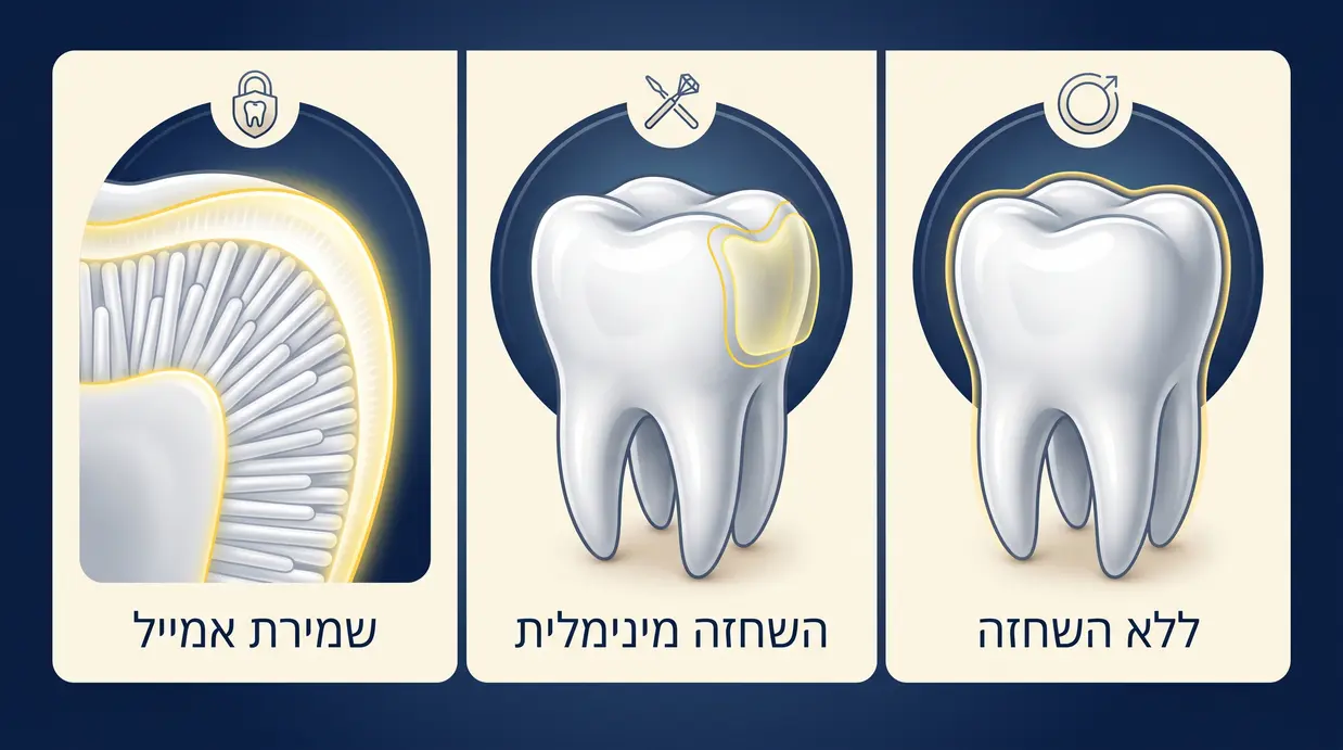 איור רפואי עדין של שן ללא השחזה לעומת שן עם השחזה מינימלית לציפוי חרסינה